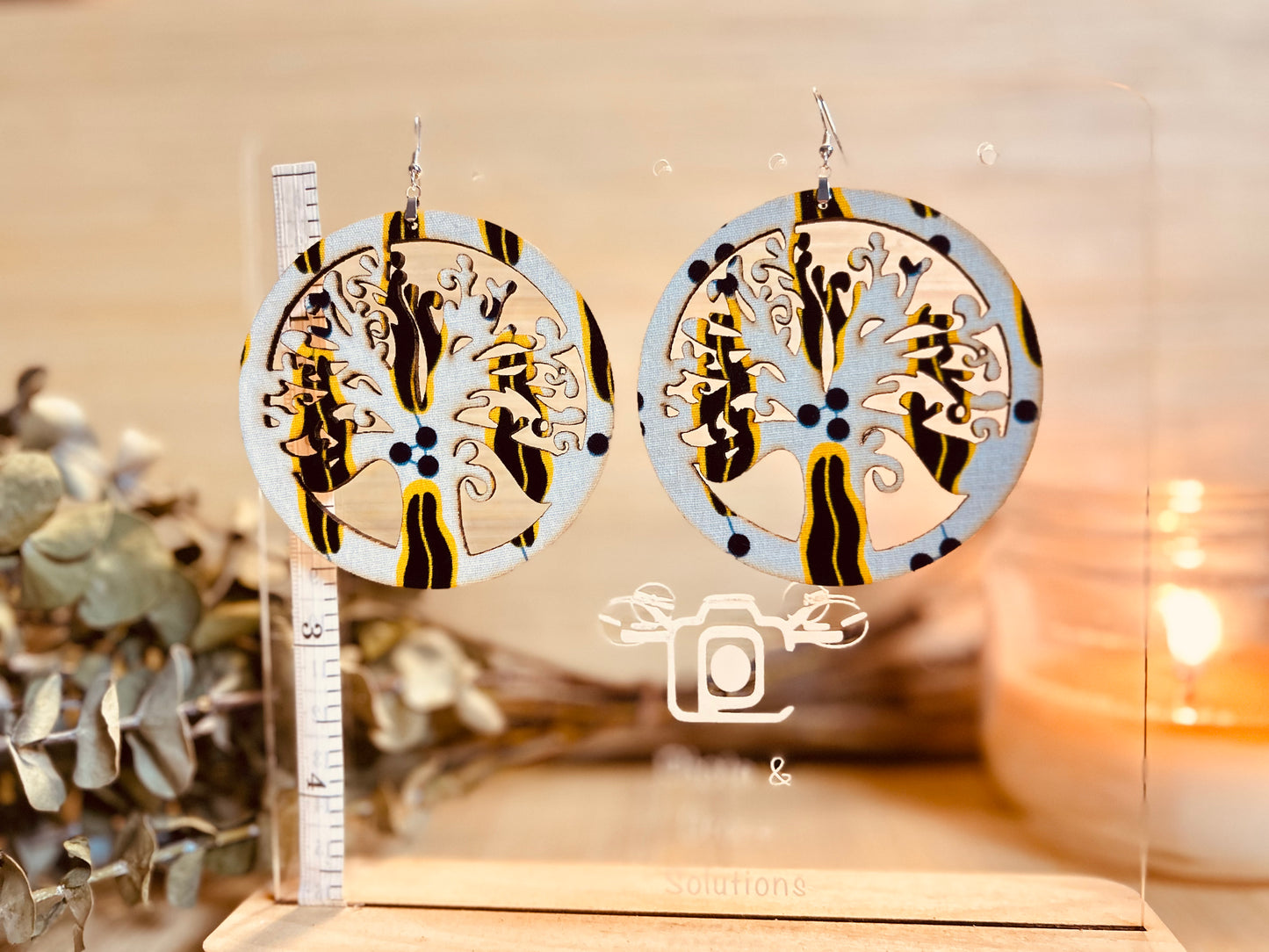 COLOR-217 Large Size Lightweight Wooden Tree Design Earrings Hypoallergenic Statement Piece (Approximately 80mm)