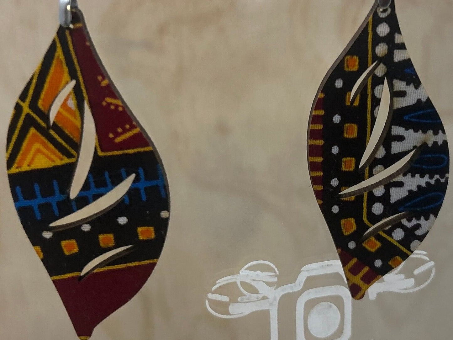 COLOR-28 Large Size Lightweight Wooden Leaf Design Earrings Hypoallergenic Statement Piece (Approximately 75mm)