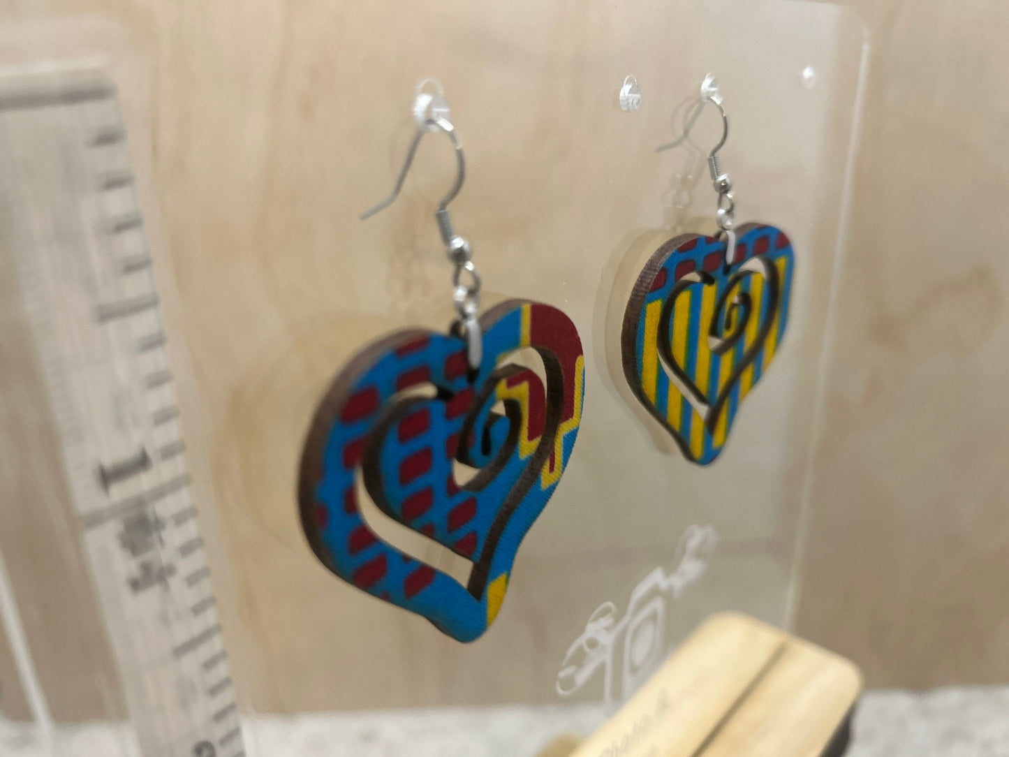 Heart M COLOR-40 Medium Size Lightweight Wooden Heart Design Earrings Hypoallergenic Statement Piece (Approximately 60mm)