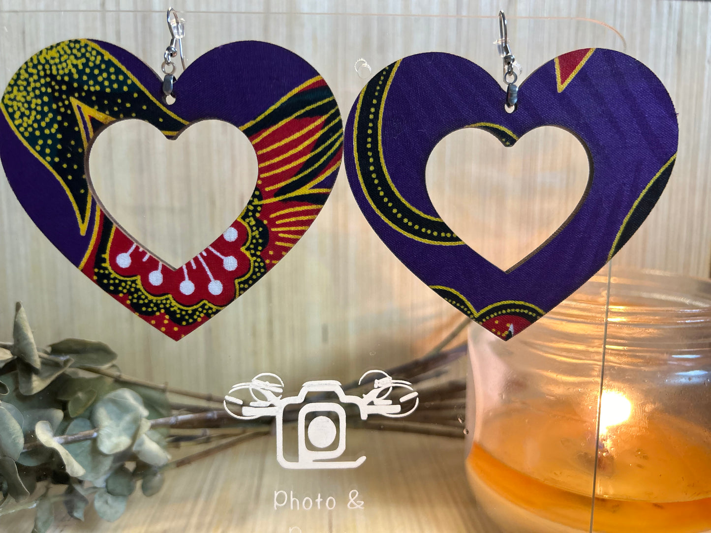 COLOR-87 Large Size Lightweight Wooden Heart Design Earrings Hypoallergenic Statement Piece (Approximately 80mm)