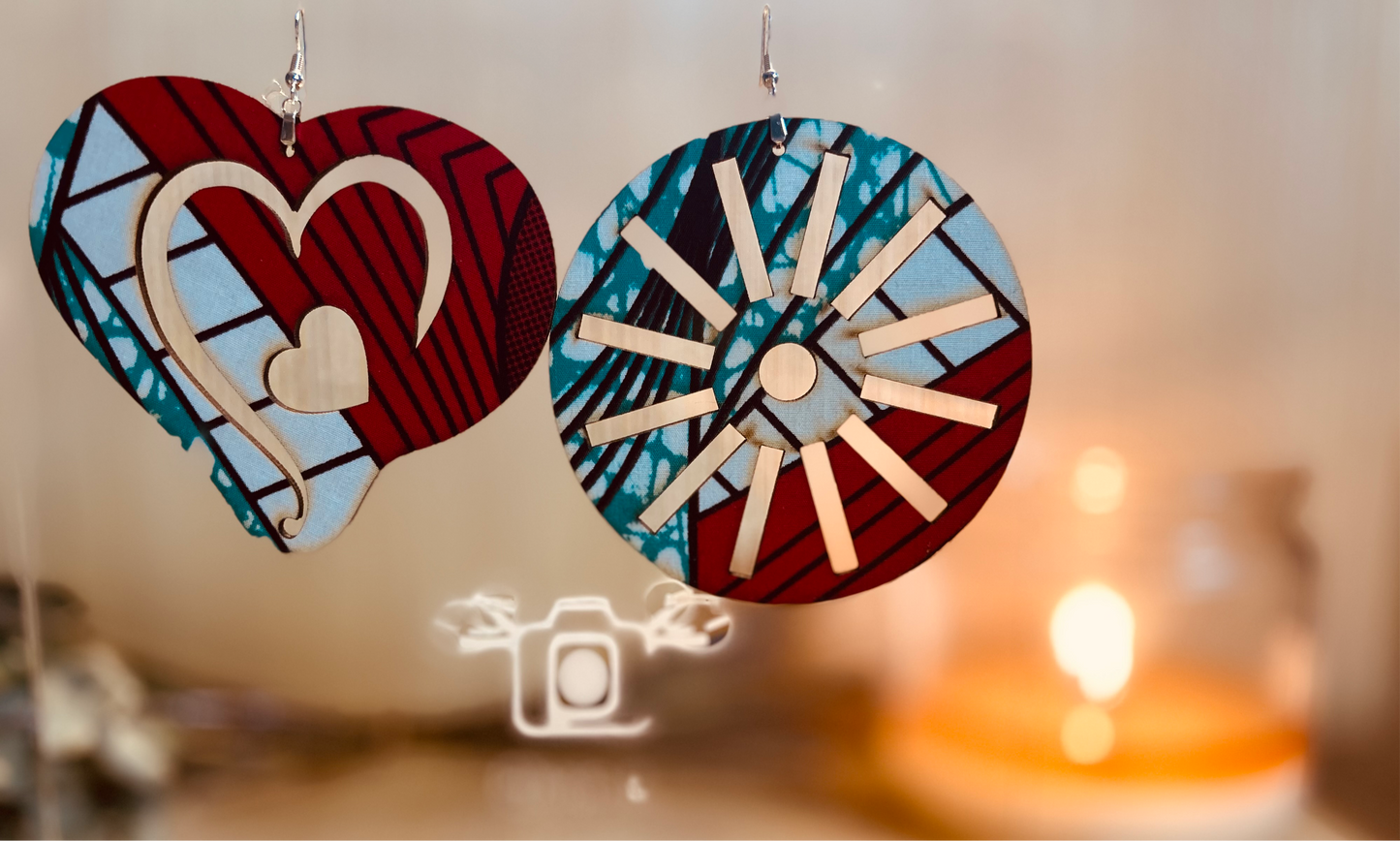 COLOR-413 Large Size Lightweight Wooden Heart/Sun Design Earrings Hypoallergenic Statement Piece (Approximately 80mm)