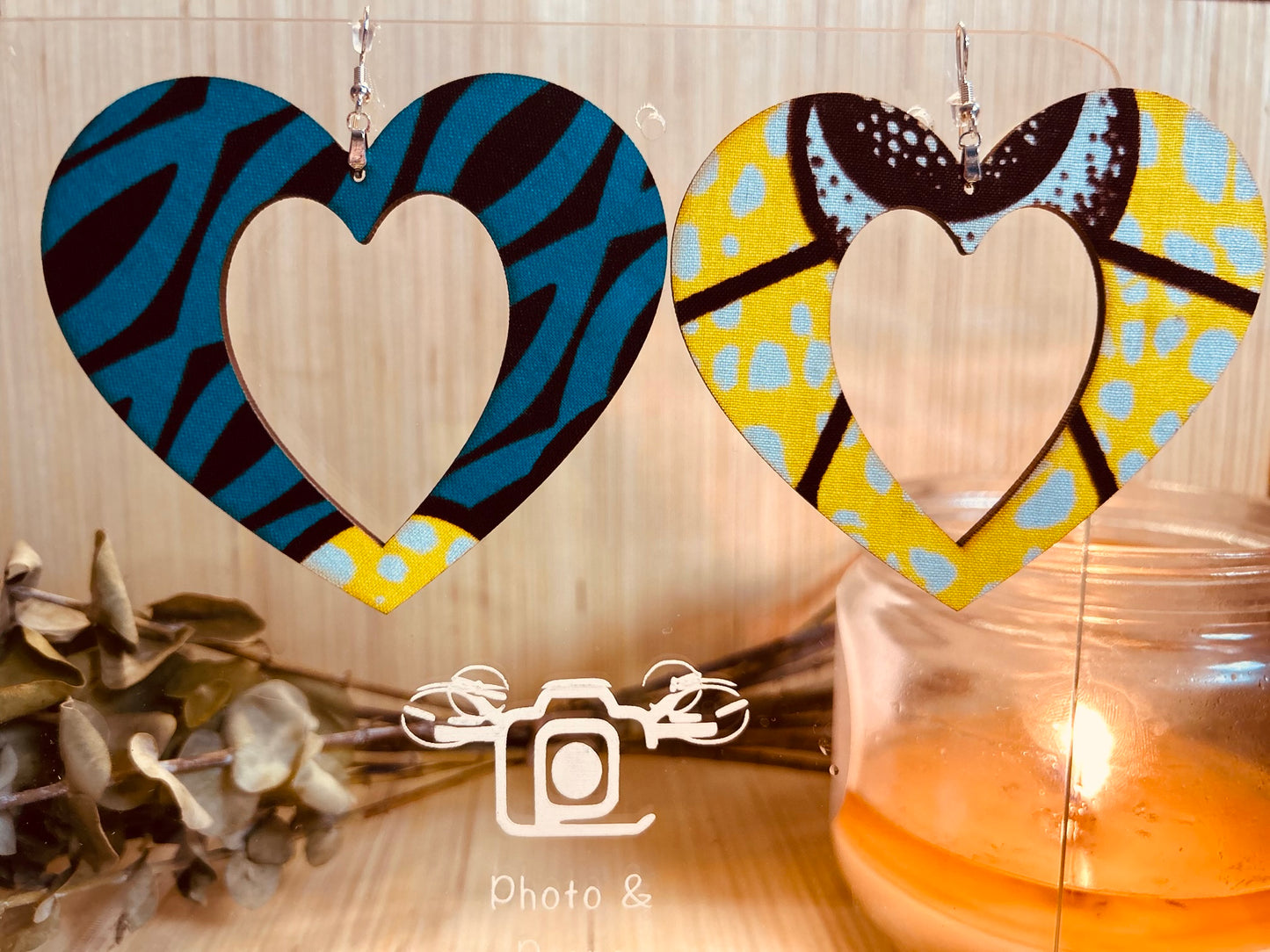 COLOR-90 Large Size Lightweight Wooden Heart Design Earrings Hypoallergenic Statement Piece (Approximately 80mm)