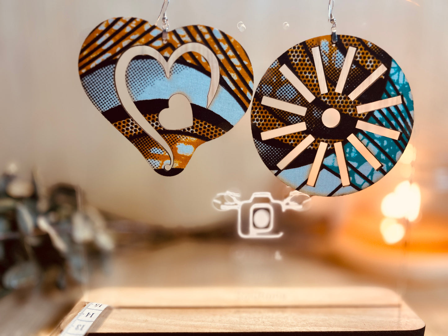 COLOR-415 Large Size Lightweight Wooden Heart/Sun Design Earrings Hypoallergenic Statement Piece (Approximately 80mm)