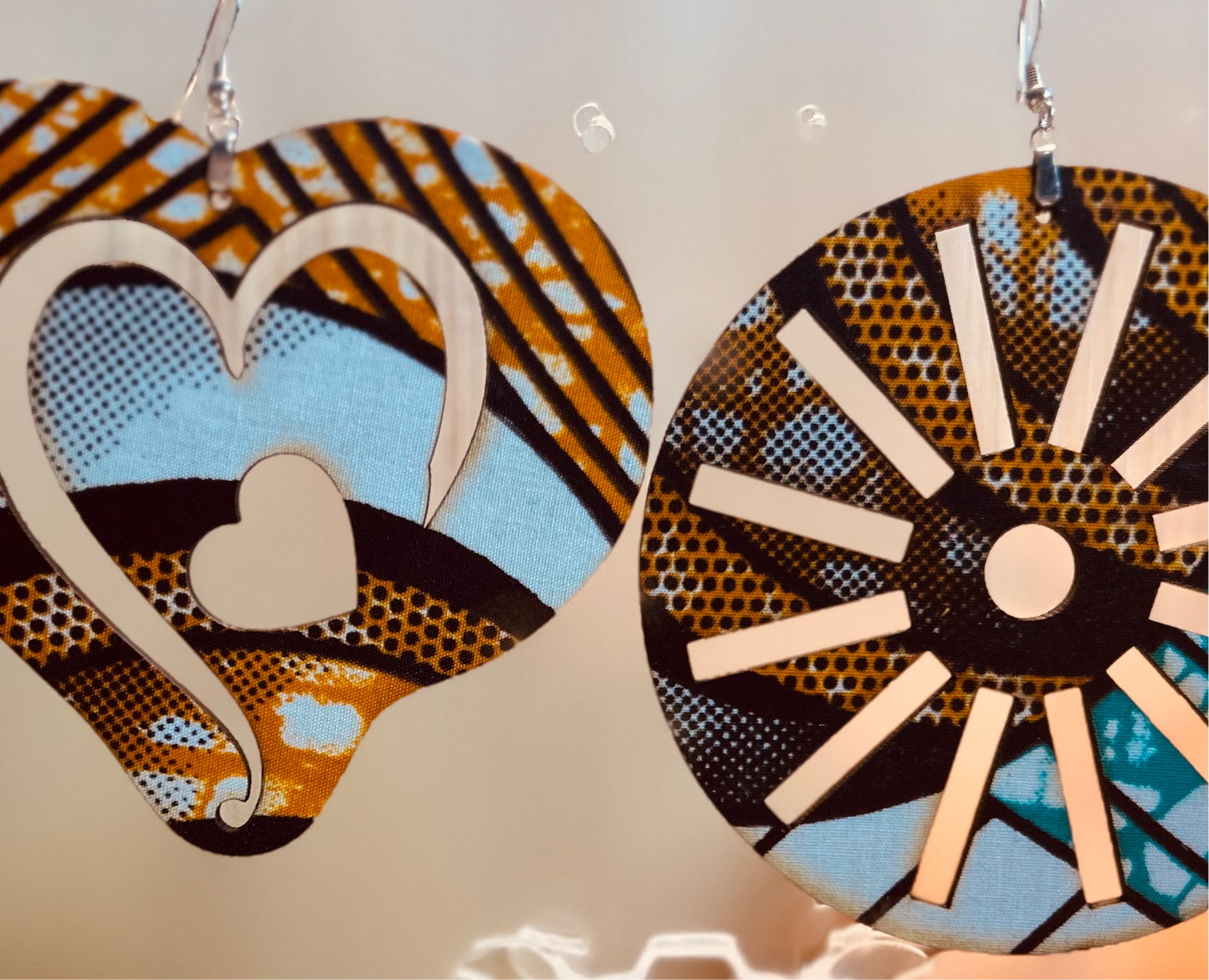 COLOR-415 Large Size Lightweight Wooden Heart/Sun Design Earrings Hypoallergenic Statement Piece (Approximately 80mm)