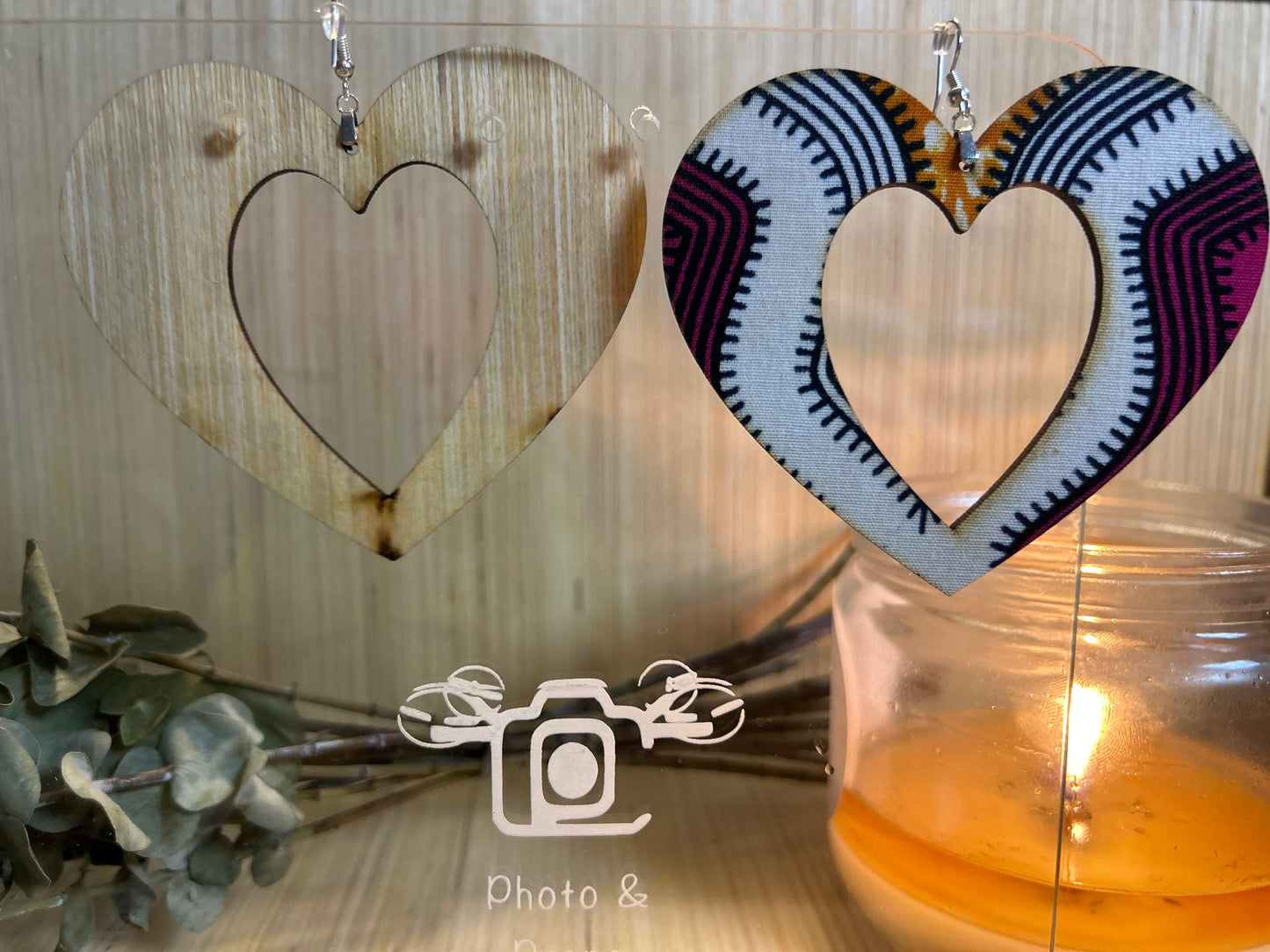 COLOR-99 Large Size Lightweight Wooden Heart/Sun Design Earrings Hypoallergenic Statement Piece (Approximately 80mm)