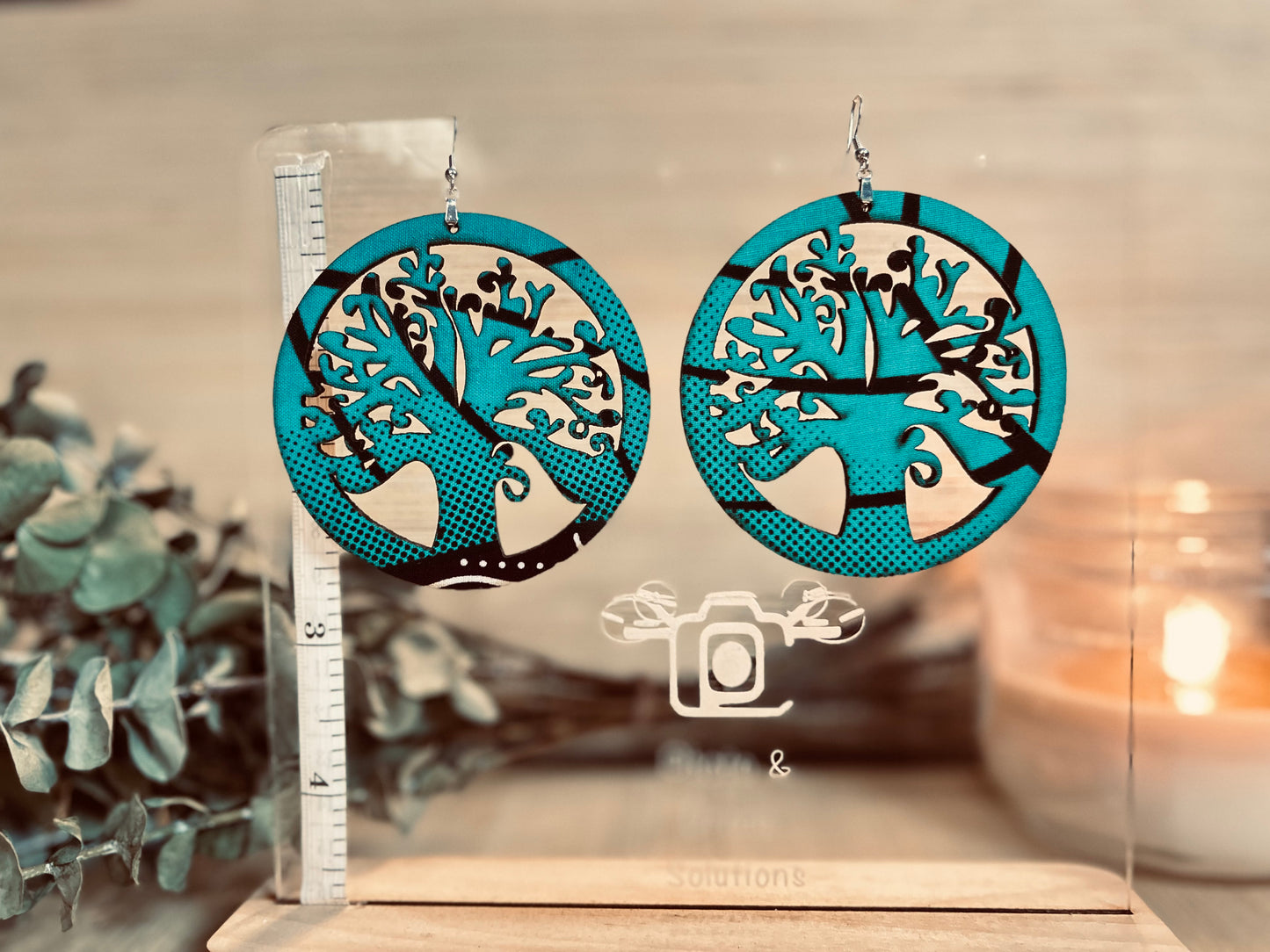 COLOR-209 Large Size Lightweight Wooden Tree Design Earrings Hypoallergenic Statement Piece (Approximately 80mm)