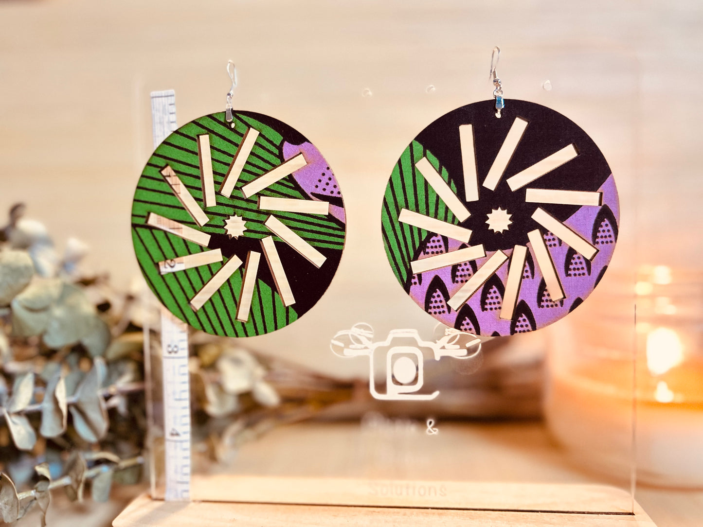 COLOR-228 Large Size Lightweight Wooden Sun Design Earrings Hypoallergenic Statement Piece (Approximately 80mm)