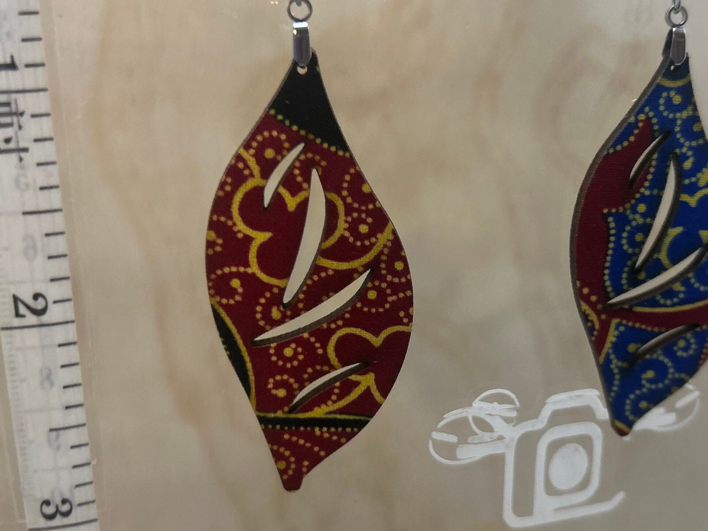 COLOR-27 Large Size Lightweight Wooden Leaf Design Earrings Hypoallergenic Statement Piece (Approximately 75mm)